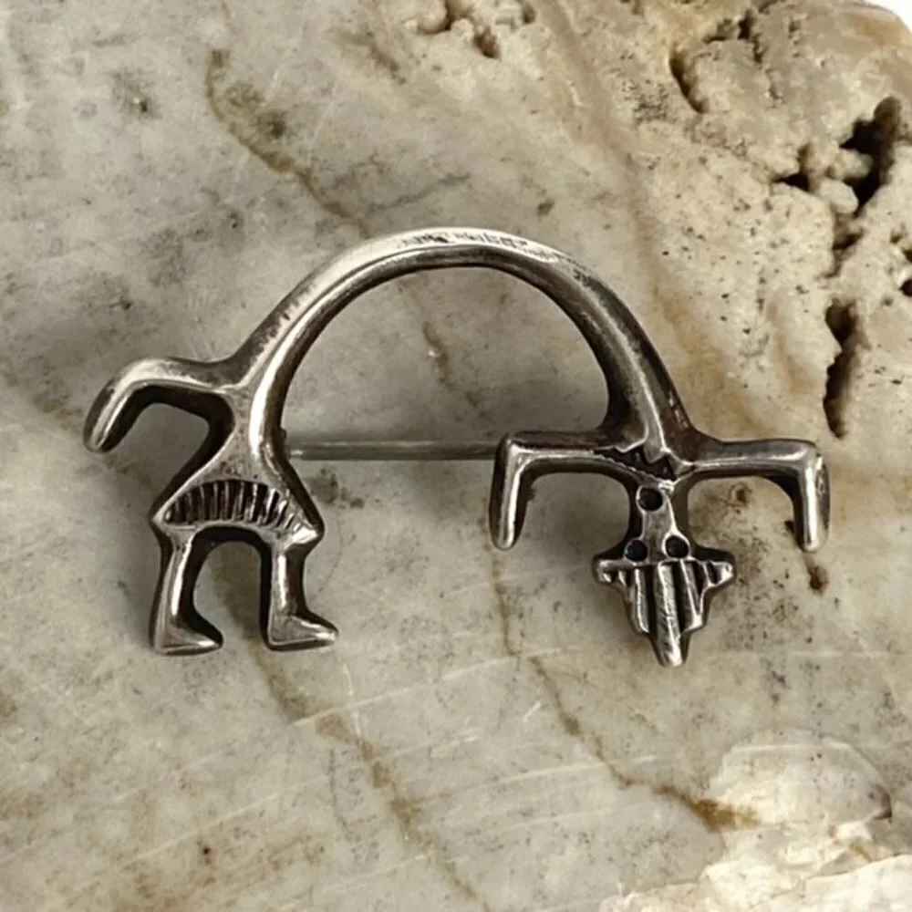 Vintage Sterling Silver 925 Southwest Yei Kachina Figural Stampwork Brooch Deity